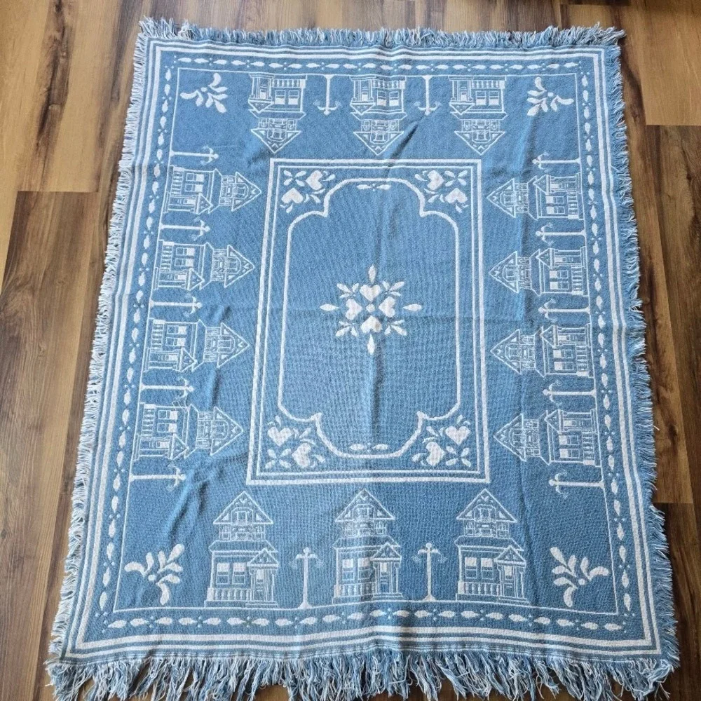 Vtg 80s/90s Blue Victorian House Woven Throw Blanket Hearts Country Cottagecore‎